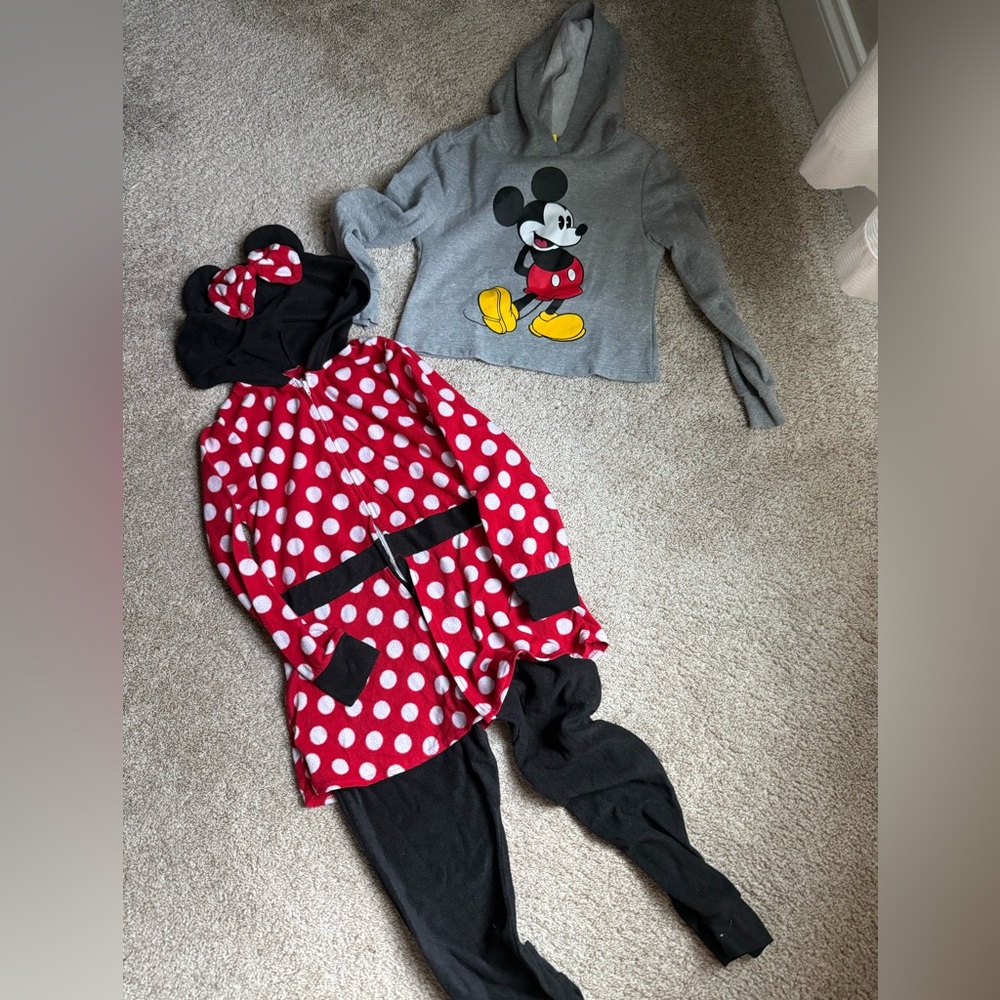Minnie Mouse Union Suit and Mickey hoodies. Girls size 8!